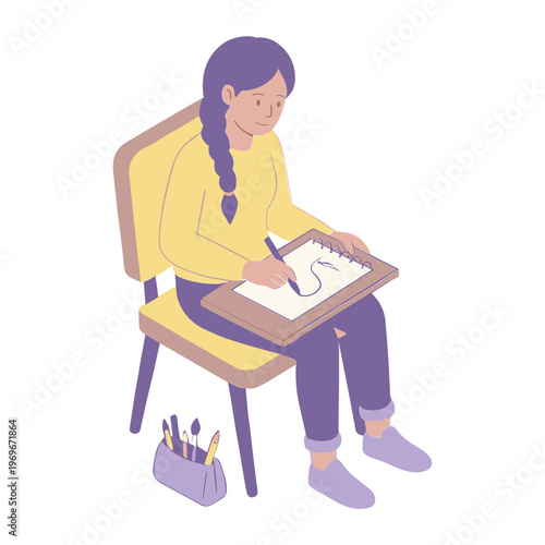 A girl sitting on a chair drawing on a sketchpad with pencils