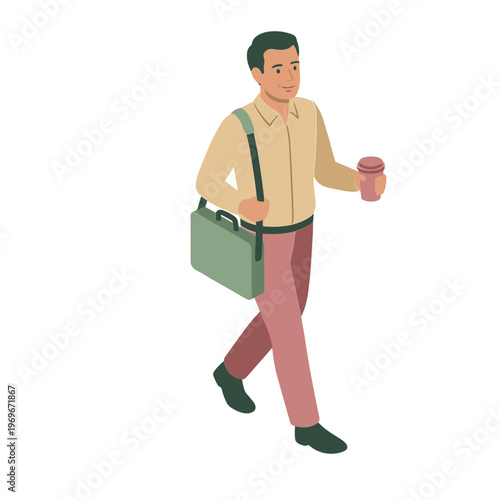 Businessman walking with briefcase and coffee cup in hand outdoors