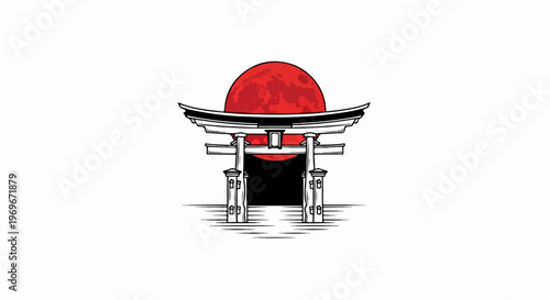 Traditional shrine gate under a large, vibrant red moon
