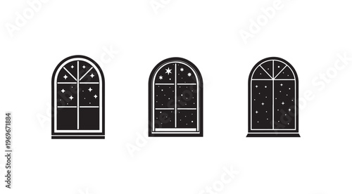 Three arched windows with starry night sky view  illustration of black windows with white stars and moon  different shapes and sizes  architectural elements