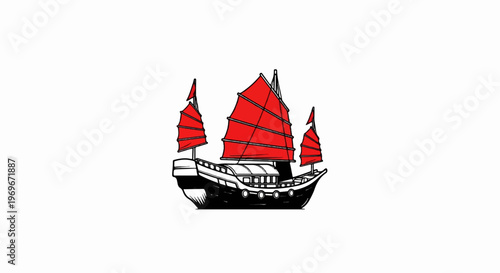 Traditional sailing vessel with red sails on white background
