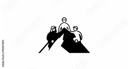 Three people on a mountain peak, one central