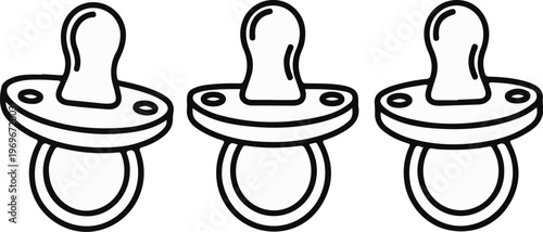 Three simple line drawings of baby pacifiers in a row
