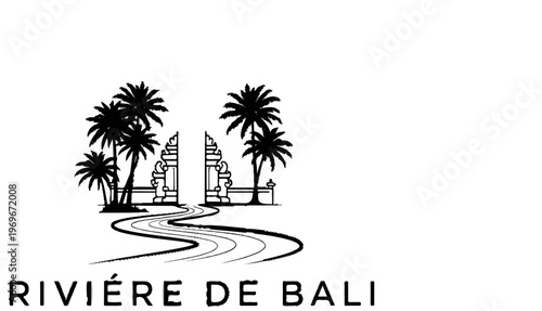 Tropical gateway with palm trees and river leading to stone structures