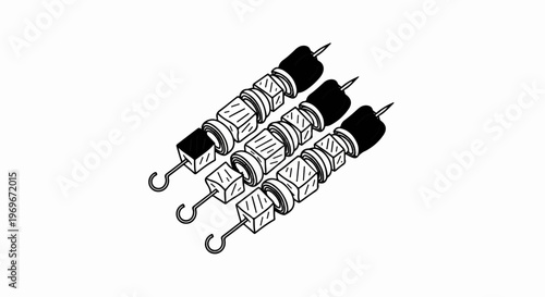 Three skewers of cubed meat and round pieces on a white background