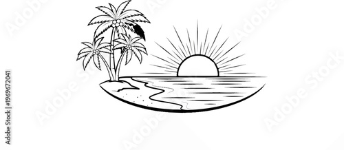 Tropical island with palm trees and a setting sun over the ocean