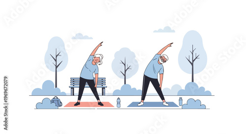 Vector illustration of an active senior man and woman performing side stretch exercises in an outdoor park on mats, featuring a minimal blue line art style with trees and a bench.