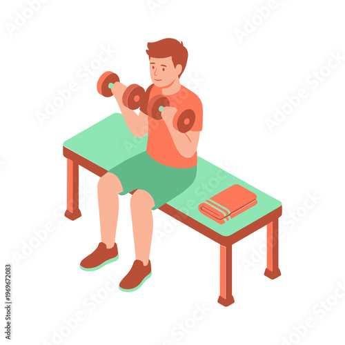 Man exercising with dumbbells on a bench in gym