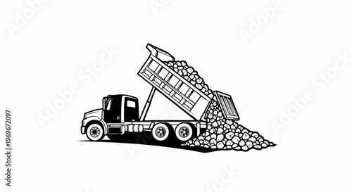 Truck dumping pile of rocks, illustrative design