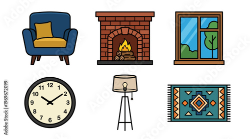 Cartoon home interior elements including chair, fireplace, clock, lamp, window, and rug