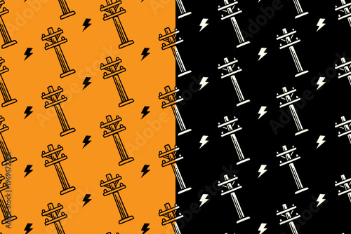 Utility pole with thunder retro seamless pattern on yellow black background set. Power electric pole with lightning vintage pattern background. Transmission pole hand drawn repeat motif wallpaper