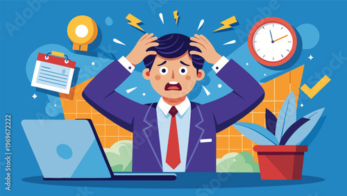 Stressed man at office desk with laptop surrounded by work-related items during business hours