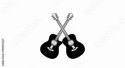 Two black acoustic guitars crossed over a white background