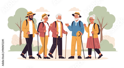 Vector illustration of five active senior friends, three men and two women, hiking on a path in nature with trees, wearing backpacks, hats, and using Nordic walking poles in a park.