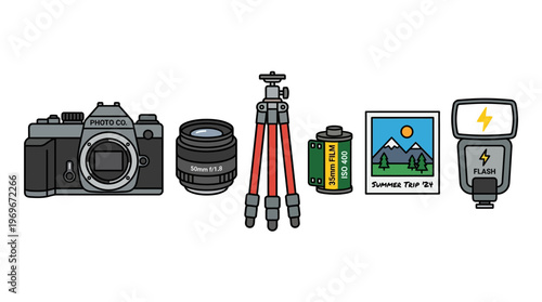 Camera equipment set including tripod and film for photography needs