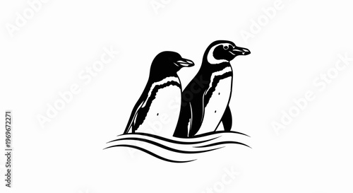 Two black and white penguins standing in stylized wavy water
