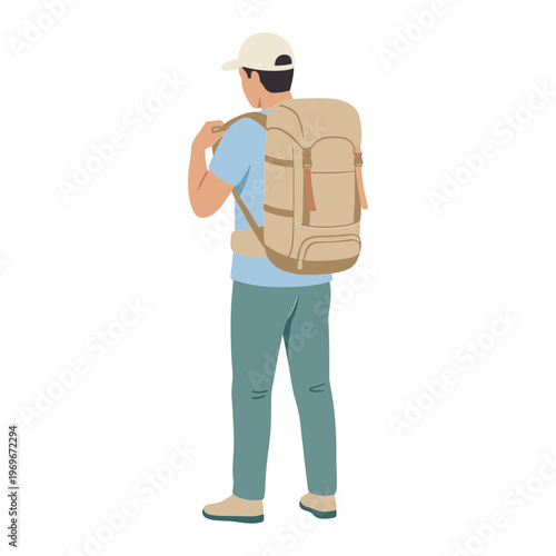 Man wearing a beige backpack and cap stands with shoulder strap