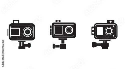 Three black action camera icons with different designs on white background  action camera icons  camera icons
