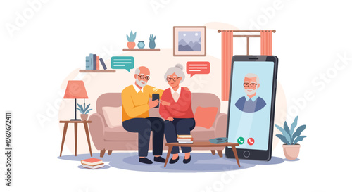Flat vector illustration of a senior man and woman sitting on a couch at home, using a smartphone for communication, with a large mobile phone screen displaying a video call.