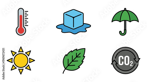 Climate change icons set with thermometer, ice cube, umbrella, sun, leaf and CO2 symbol