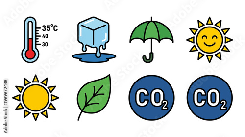 Climate change icons including thermometer, ice cube, umbrella, sunny weather, leaf, and carbon dioxide symbols combined