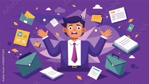 Man with hands raised surrounded by flying papers in an office setting during the day