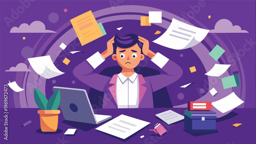 Busy office scene with a person overwhelmed by papers and work at a desk during the day