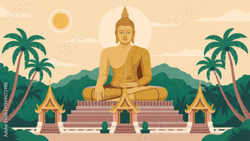 Golden buddha statue sitting serenely on temple steps surrounded by palm trees and mountains at sunset