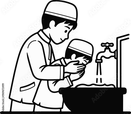 Two boys in kufi caps perform ritual ablution at a washbasin with a running faucet
