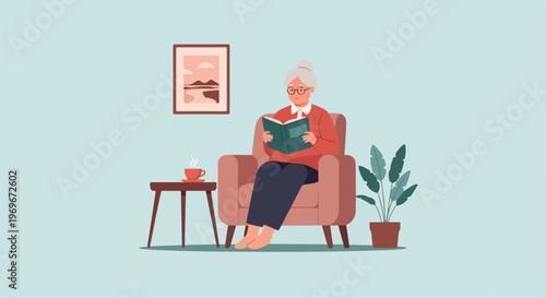Vector illustration of an elderly senior woman with white hair and glasses sitting in a pink armchair reading a book while enjoying a cup of tea in a cozy living room setting.