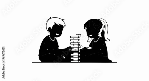 Two children happily playing a block-stacking game together