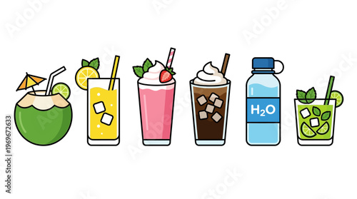 Various cold drinks including cocktails and beverages with ice