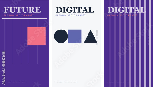 Modern minimalist digital poster set, abstract geometric vector banners with future typography, purple and white corporate vertical templates