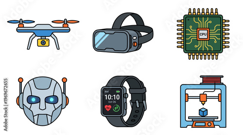 Collection of modern technology icons featuring a drone, VR headset, CPU chip, robot, smartwatch, 3D printer