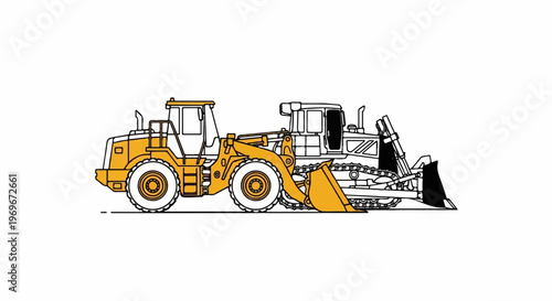 Two construction vehicles, a yellow front-loader and a bulldozer, illustrated