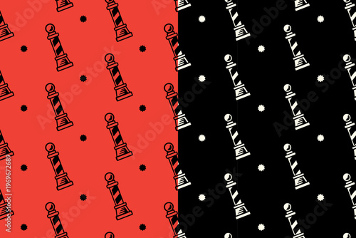 Barber pole with stars retro seamless pattern on red black background set for merchandise. Striped barber pole with light vintage pattern background. Hair salon pole hand drawn repeat motif wallpaper