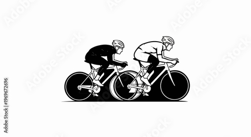 Two cyclists in helmets race side-by-side on road bikes
