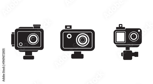 Three black and white camera icons with different designs and features  isolated on white background