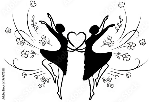 Two elegant dancers in black dresses, linked by a heart, surrounded by flowers