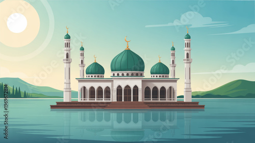 Serene mosque on calm water with green domes and towering minarets under sunny sky