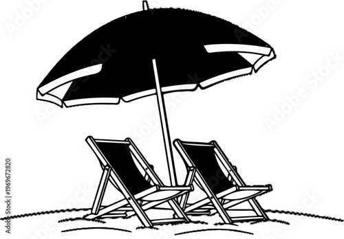 Two empty chairs sit under a large umbrella on a sunny beach