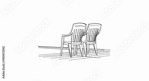 Two empty plastic chairs sit on a slatted deck, suggesting waiting