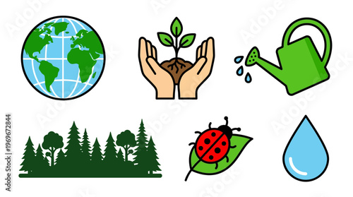 Environmental conservation icons including globe, hands holding plant, watering can, trees, ladybug, and water droplet