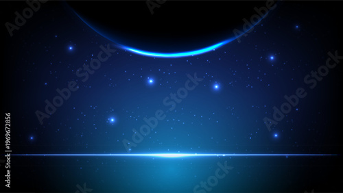 Abstract space background featuring a glowing planet curve, shining stars and a futuristic blue light horizon line