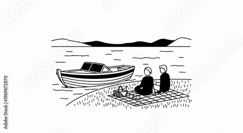 Two figures enjoy a picnic by a boat near a tranquil body of water