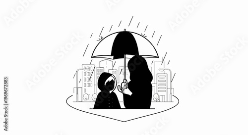 Two figures under an umbrella with a city skyline during a downpour
