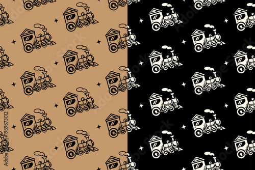 Railway locomotive with light retro seamless pattern on tan black background set for merchandise. Steam train vintage pattern background. Classic train engine hand drawn repeat motif wallpaper
