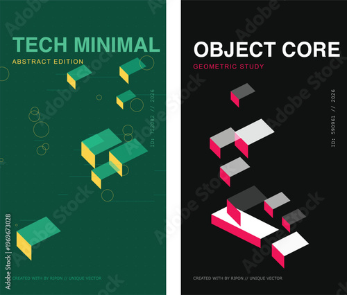 Tech Minimal Abstract Edition Poster Set, Geometric Study Object Core Vector Covers, Isometric 3D Shapes on Green and Black Backgrounds