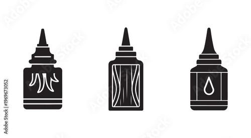 Three black and white icons of glue bottles with different designs on them for crafting and office supplies
