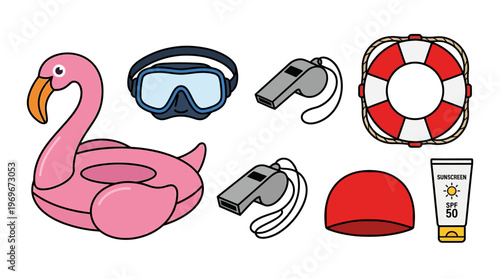 Beach summer pool inflatable flamingo float with swim goggles lifebuoy and other accessories